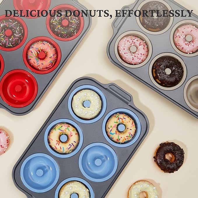 BRONYPRO Silicone Donut Pan for Baking with Metal Frame, 3.35 Inch Large doughnut pan,donut molds for baking Nonstick Non Toxic Bakeware for Oven,Blue
