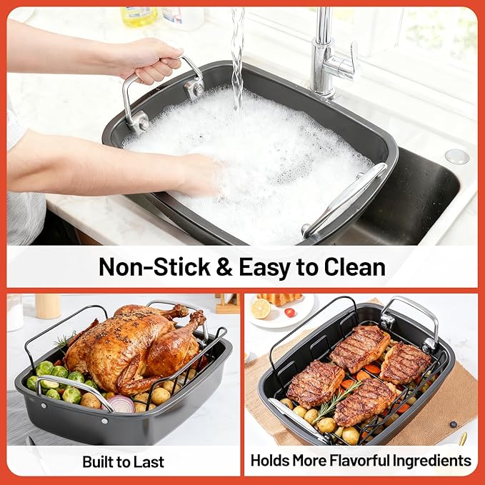 24lb Carbon Steel Nonstick Roasting Pan with Rack - BPA Free, Leak-Proof, 450°F Heat Resistant (17x13x4in) | Oil-Draining, Dishwasher Safe for Thanksgiving Christmas Turkey