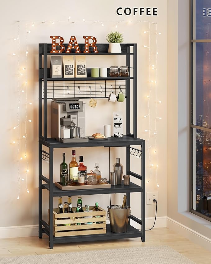 VASAGLE Hutch Bakers Rack with Power Outlet, 14 Hooks Microwave Stand, Adjustable Coffee Bar with Metal Wire Panel, Kitchen Storage Shelf, 15.7 x 31.5 x 66.9 Inches, Charcoal Gray and Ink Black