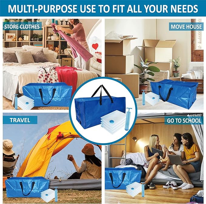 8 Pack Heavy Duty Extra Large Moving Bags with Backpack Straps & Large Vacuum Storage Bags Moving Supply Combo, Moving Totes with Handles & Zippers for Space Saving, Fold Flat, Includes Vacuum Bags
