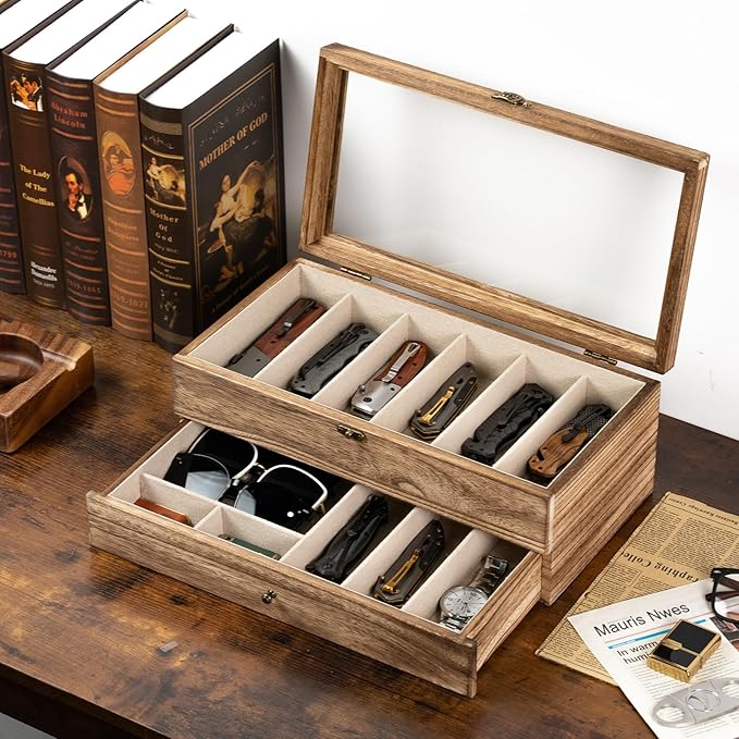 Knife Display Case, 2-Layer Pocket Knife Case Display & Storage Knives, Solid Wood Knife Case for Collections, Gift for Boyfriend Fathers Day Birthday Gifts(Brown)