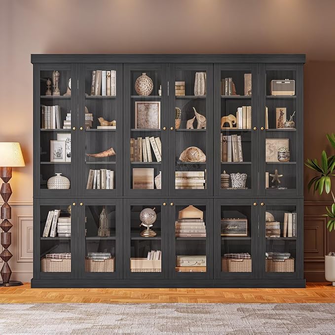 70.8" Tall Black Bookshelf with Glass Doors, Farmhouse Modular Bookcase with 6-Tier Adjustable Shelves, Large Storage Cabinet for Home Office, Living Room, Set of 3