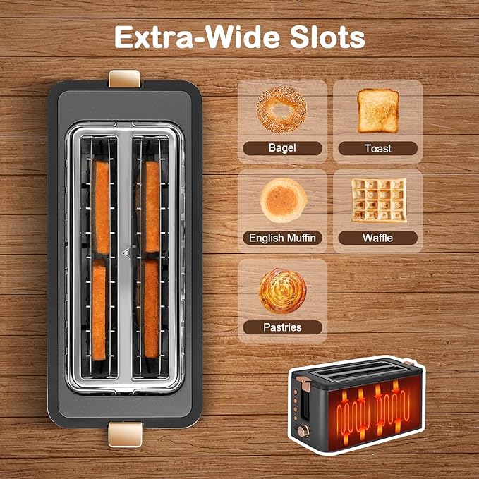 Mecity 4 Slice Toaster, Long Slot Toaster With Warming Rack, Timer, Bagel, Defrost, Reheat Functions, Crumb Tray, 6 Browning Settings, Extra Wide Long Slots, Stainless Steel, 1300W, Grey