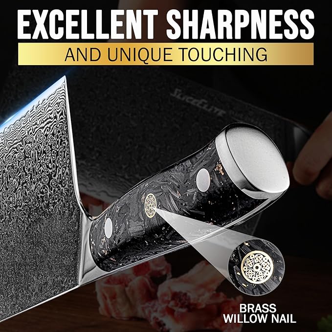 SliceElite Elite Series 7 Inch Meat Cleaver Knife Damascus VG10 Core Forged Carbon Fiber Handle Heavy Duty Chopper Sharp Kitchen Butcher Bone Cutter Vegetable Fruit Chef Tool Dual Protection Gift