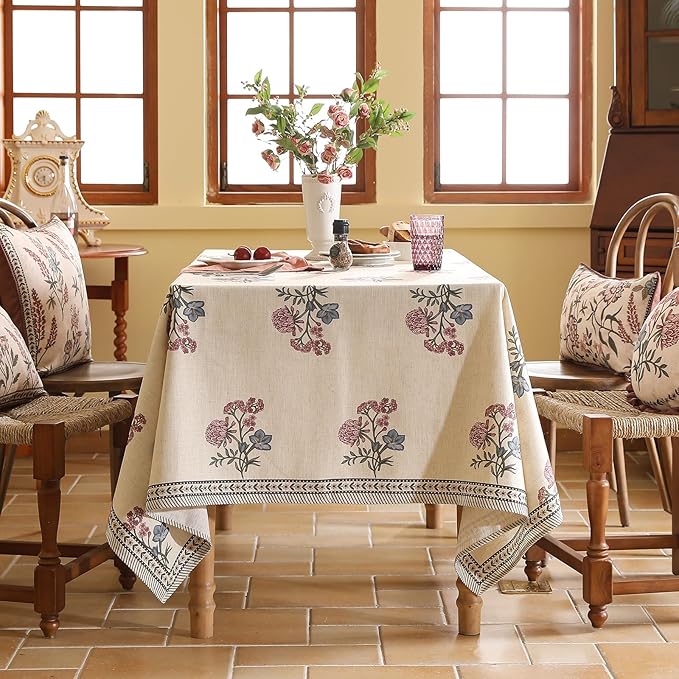 ISAENNE Designer Linen Light Beige Table Cloth for Rectangle Table,French Colorful Floral Table Cloth,Stain Resistant Decor Tablecloths for Dining Thanksgiving Kitchen,55"*87"-Helena E