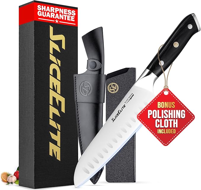 SliceElite Slice Series Santoku Knife 7 Inch High Carbon German Steel Blade Pakkawood Handle Dual Sheaths Kitchen Knife for Meat Cutting Chopping Chefs Cooking Tool Sharp Vegetable BBQ Knife Gift