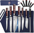 14pcs Chef Knife Set with Roll Bag, Professional Stainless Steel Japanese Knife Set with Pakkawood Handle for Professional Chef, Camping, Travel, BBQ, RV or Gift Blue