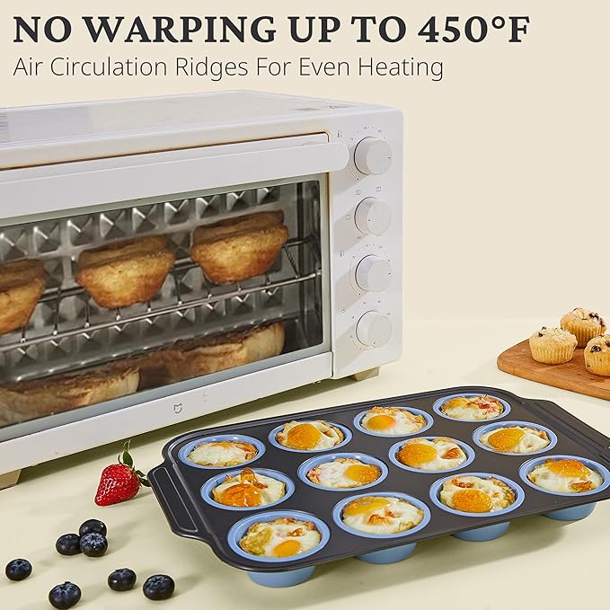 Silicone Muffin Pans for Baking with Metal Frame, Egg Bite Molds, Cupcake Pans 12 Regular Size, Muffin Tins Easy to Pop Nonstick Non Toxic Bakeware for Oven,Blue
