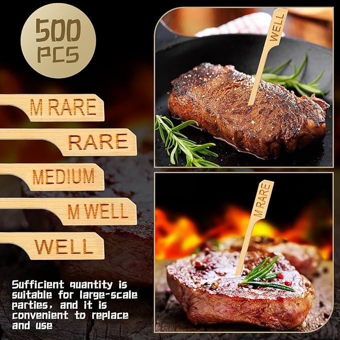 Soaoo 500 Pcs 3.5" Assorted Bamboo Wood Temperature Picks Steak Temperature Sticks Meat Doneness Steak Markers Bamboo Paddle Skewers Sticks for BBQ Barbecue Party Cocktail Fruit Grilling Roasting