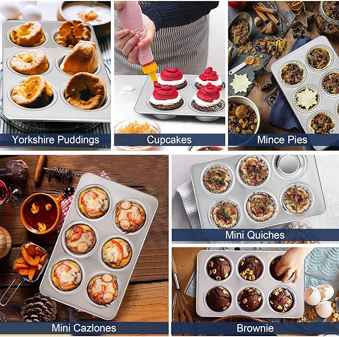 TeamFar Muffin Pan Set of 4, 6 Cup Muffin Tins Pans For Baking, Cupcake Pan Tray Set Stainless Steel for Baking Muffins Cakes Tarts and More, Healthy & Sturdy, Oven & Dishwasher Safe