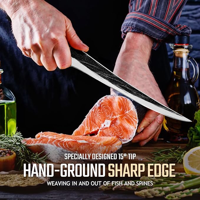 Huusk Fish Fillet Knife with Sheath - Hand Forged 7 Inch Boning Knives for Meat Trimming, Japanese Brisket Trimming Knives with Wooden Handle for Outdoor Camping, Gift for Men