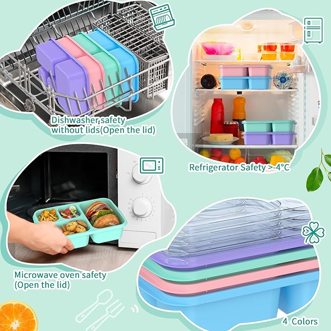 Bento Lunch Box - 4 Pack, 4-Compartment Meal Prep Containers, Adult Lunch Box, Microwave & Dishwasher Safe (Dark-PP(B/P/G/P))