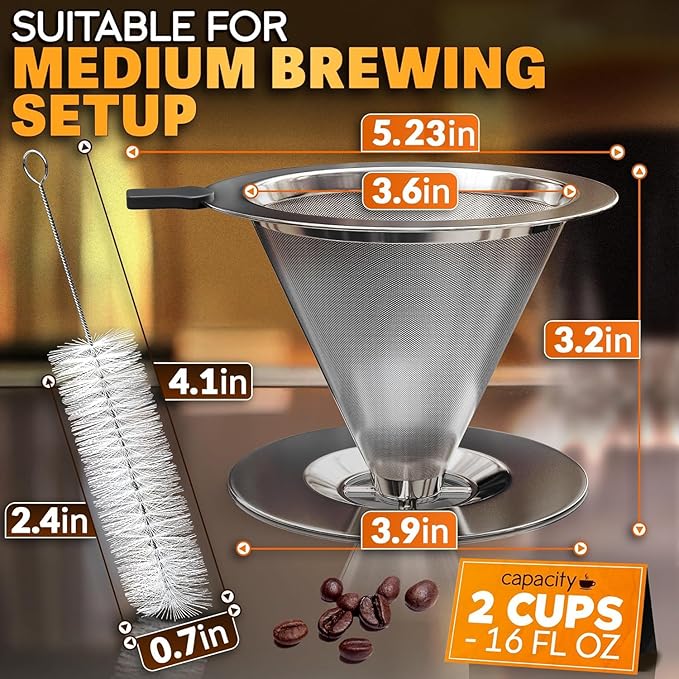 Stainless Steel Pour Over Coffee Maker With Cleaning Brush & Non-Slip Silicone Handle - 2 Cups Capacity Stainless Steel Coffee Pour Over Dripper With Secure Wide Base, Clean Flavor Paperless
