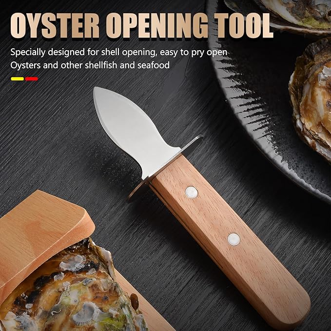 Oyster Knife Shucker Set Oyster Shucking Knife with Wooden holder Oyster Shucking Clamp Seafood Tools (Brown)