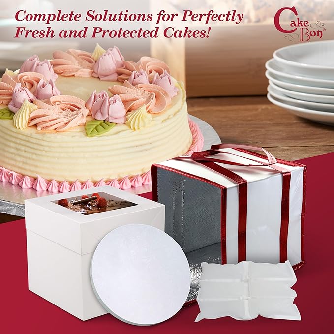 Cakebon Cake Box and Boards, 12-Inch Round White Wrapped Edges 1/2- Inch Thick Drums with Insulated Bag and Ice Pack – Cake Transport Set, Cooler for Cake Delivery and Transport (1pc Each, 4pcs Total)