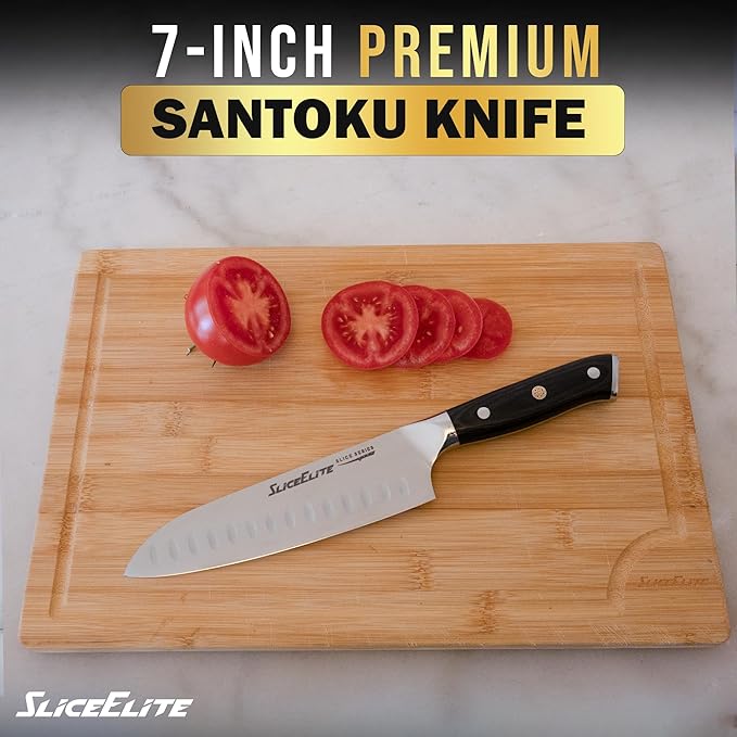 SliceElite Slice Series Santoku Knife 7 Inch High Carbon German Steel Blade Pakkawood Handle Dual Sheaths Kitchen Knife for Meat Cutting Chopping Chefs Cooking Tool Sharp Vegetable BBQ Knife Gift