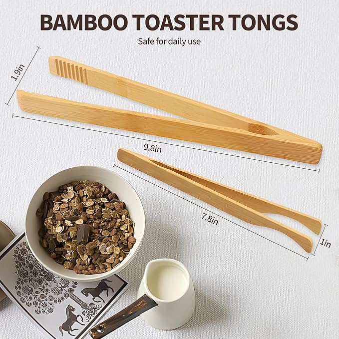 4 Pieces Natural Bamboo Toaster Tongs,Two Bamboo Toast Tongs of different lengths（9.8-Inch & 7.8-Inch),Long Tongs with Anti-slip Design,Heat-Resistant for Cooking and Serving