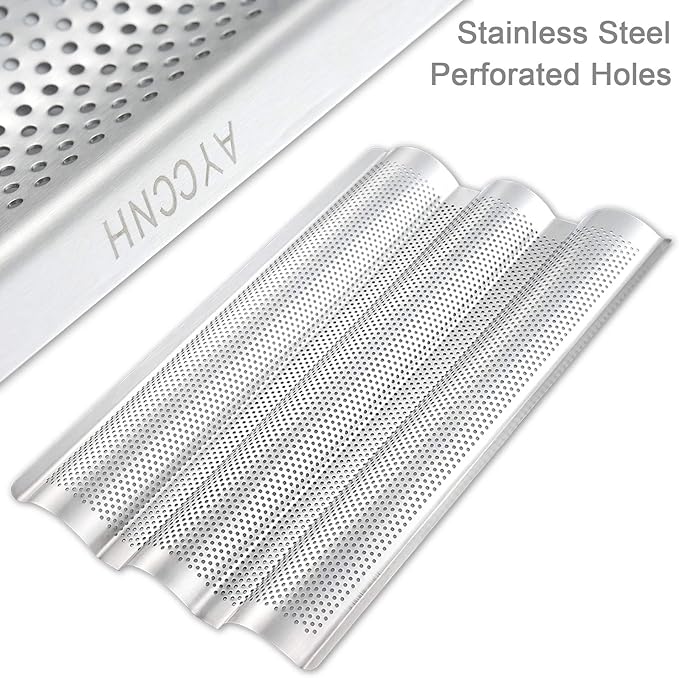 2 Pack Stainless Steel French Baguette Bread Pan, Perforated Loaf Pans for Baking 15"x10", 3 Waves Toaster Oven Baking Tray