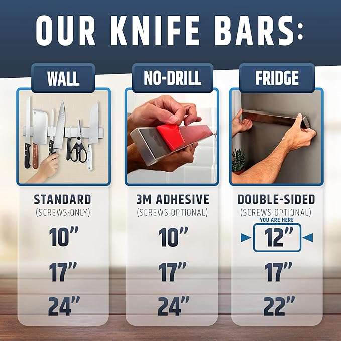 12" Premium Magnetic Knife Holder for Refrigerator (Double-Sided Heavy-Duty Magnets) - Upgraded Strip for Strong Fridge Mount - Clear Up Counter Space - 304 Anti-Rust Stainless Steel (Upgraded Design)