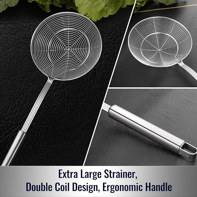 Hiware Solid Stainless Steel Spider Strainer Skimmer Ladle, Kitchen Utensils Wire Strainer Pasta Spoon, 7 Inch