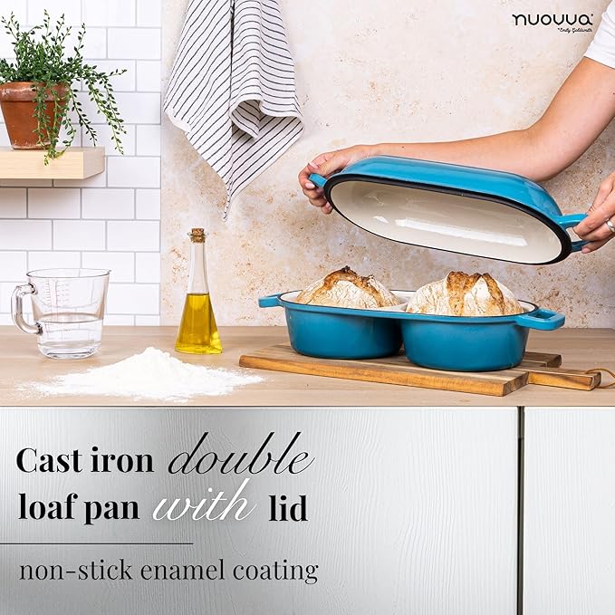 nuovva Dutch Oven For Sourdough Bread Baking – Enamelled Cast Iron Bread Loaf Pot – 500°F Oven Safe Non Stick Bread Pot – Double Round Loaf Space, 16.5cm Diameter, Light Blue