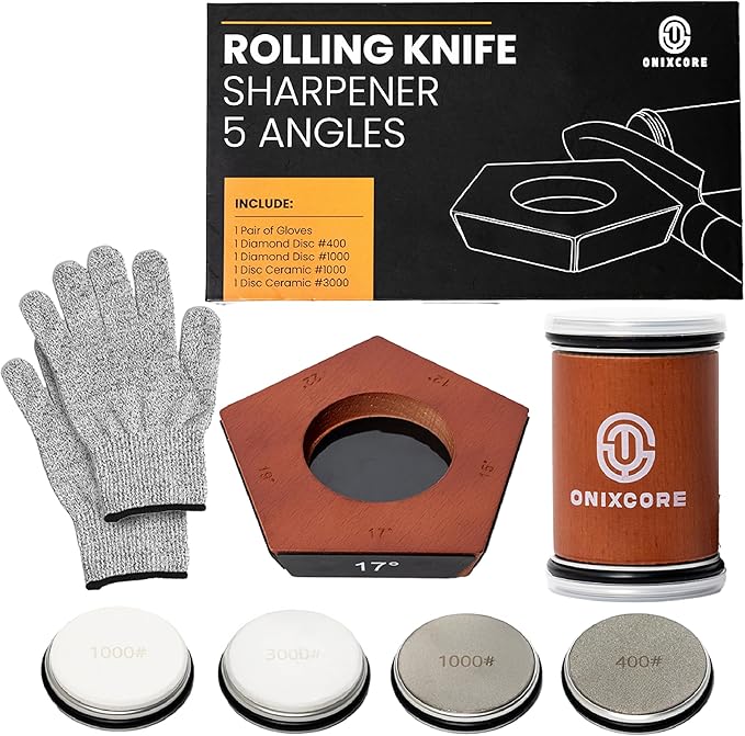 Rolling Knife Sharpener 5 Angles (12,15,17,19,22°) - 5 Sided Rolling Knife Sharpener & Extra Replacement Discs Diamond, Ceramic & Gloves - Magnetic Knife Sharpening Kit - Rolling Sharpener for Knives