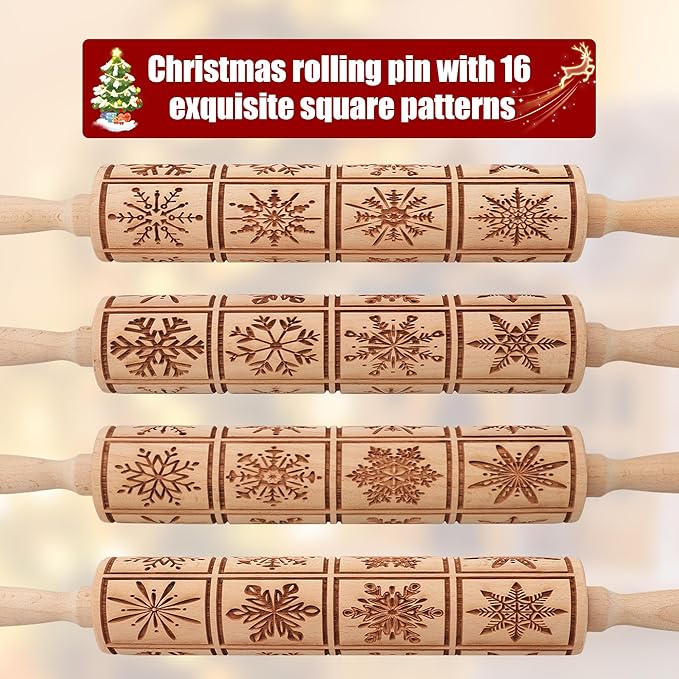 17" Premium Wooden Rolling Pins for Baking with Snowflake Embossed Designs | 3mm Deep Springerle Cookie Molds | Christmas Rolling Pin & Baking Gifts for Women | Includes 3-in-1 Cleaning Brush
