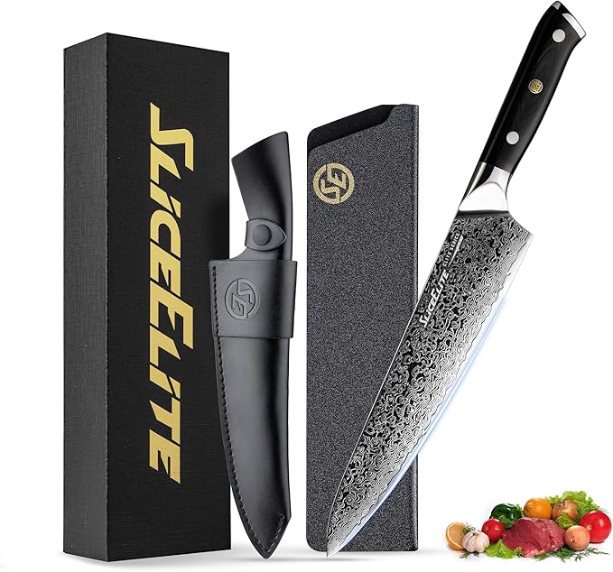 SliceElite Elite Series 8 Inch Chef Knife VG10 Damascus Steel Forged G10 Handle Sharp Kitchen Vegetable Meat Chopper Cutting Cooking Carving Precision Cleaver BBQ Fruit Professional Gift Blade Tool