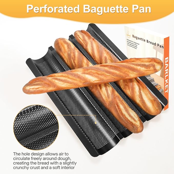 French Baguette Bread Pan, 3 Loaf Bread Pan Nonstick, Perforated Baguette Tray, Oven Safe, Health Homemade Bread Baking Supplies with Couche, 15x11 Inch, Round Corner and Heat Evenly, Black