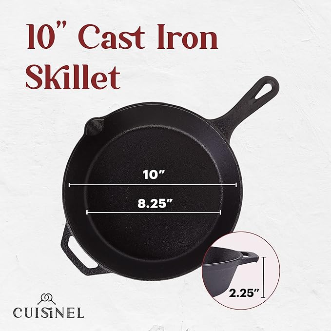 Cast Iron Skillet - 10"-Inch Frying Pan with Pour Spouts + Pan Scraper + Silicone Grip Handle Cover Holder - Pre-Seasoned Oven Cookware - Indoor/Outdoor Use - BBQ, Firepit, Stovetop, Induction Use