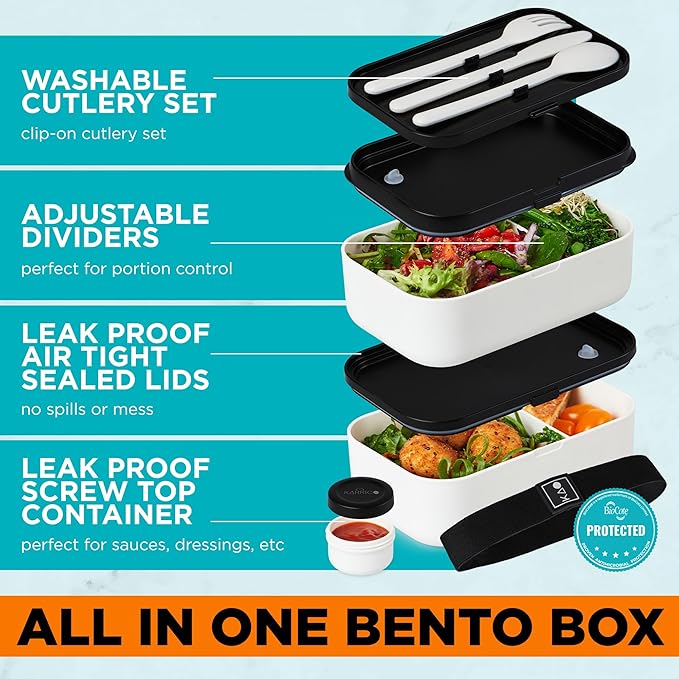 Double Premium Bento Box Adult, 67 fl oz BPA-Free - Cream Stackable Lunch Box with Leak-Proof Lids & Dividers, Perfect for Meal Prep, Lunches & Portion Control