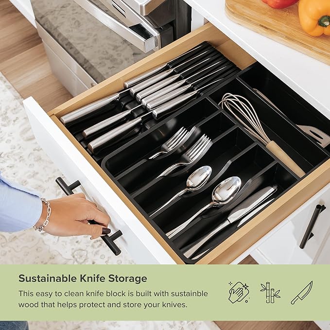 KitchenEdge Black Knife Drawer Organizer Insert - Knife Block Holder, Holds 5 Long + 6 Short Knives (Not Included), Fits Most Sizes, Non-Slip Feet, 100% Sustainable Bamboo, Food-Safe Black Finish