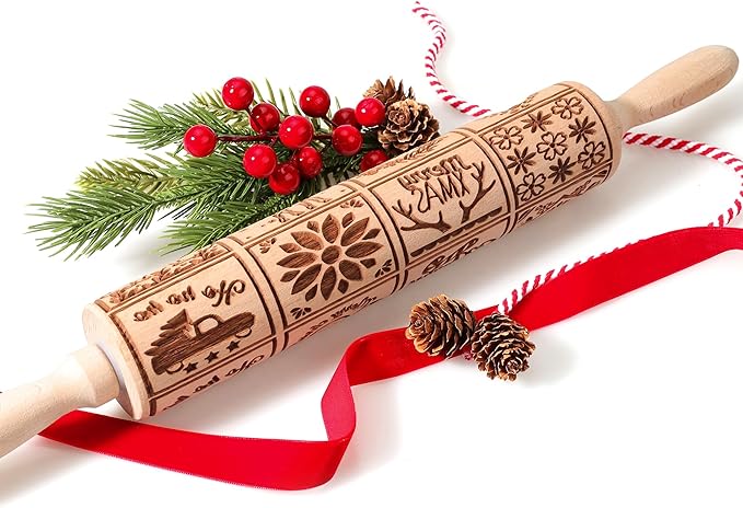 17" Premium Wooden Rolling Pins for Baking with XMAS Embossed Designs | 3mm Deep Springerle Cookie Molds | Christmas Rolling Pin & Baking Gifts for Women | Includes 3-in-1 Cleaning Brush