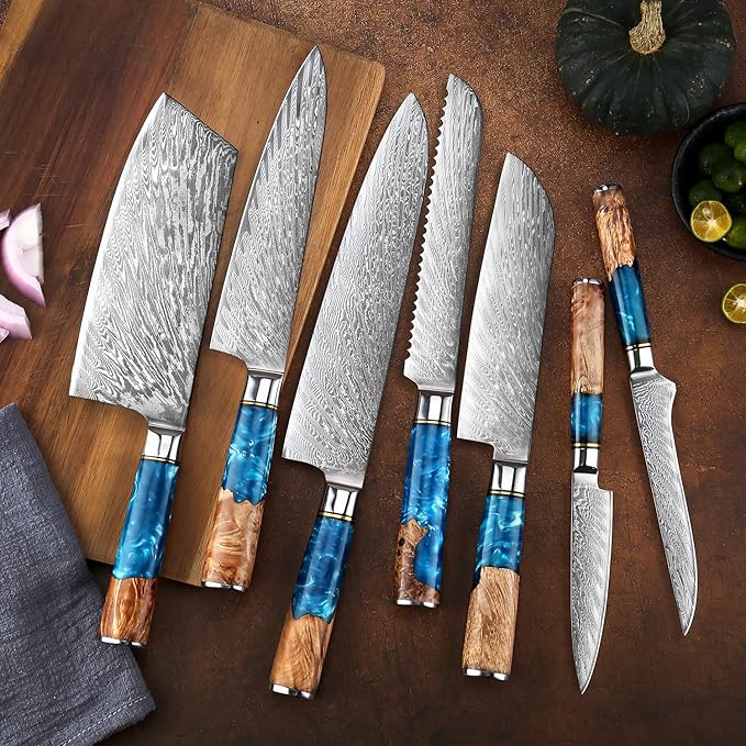 SENKEN 15-Piece Damascus Knife Block Set - "Tsunami" Collection Japanese Chef Knife Set - 67-Layer Japanese VG10 Steel Blades, Includes Chef Knife, Cleaver, 6 Steak Knives (15-Piece Knife Block Set)