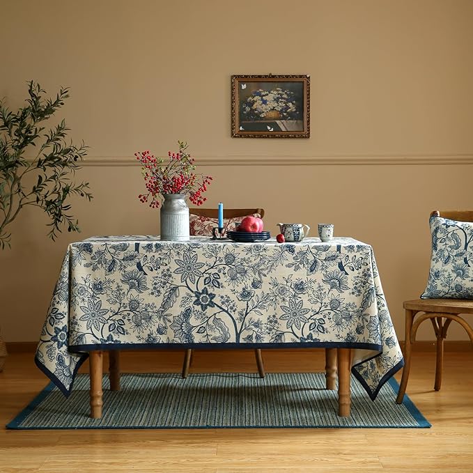ISAENNE Designer French Linen Small Square Tablecloth,Blue Floral Washable Indoor Table Cloth,Durable Home Decor Tablecloths for Dining Thanksgiving Kitchen Tea Party Christmas,55"*55"-Ruyi B