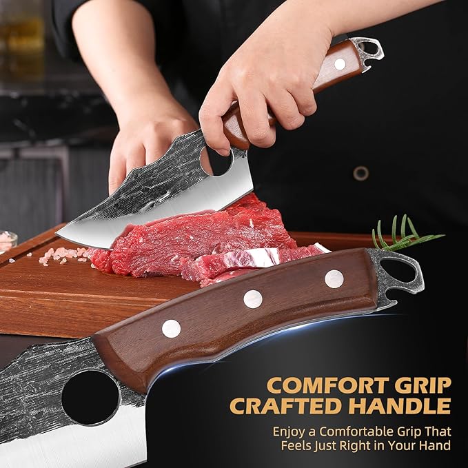 Chef Knife Kitchen Knives Japanese Butcher Knife Meat Cleaver, High Carbon Steel Hand Forged Full Tang Viking Knives with Sheath for Camping, Outdoor, BBQ, Home