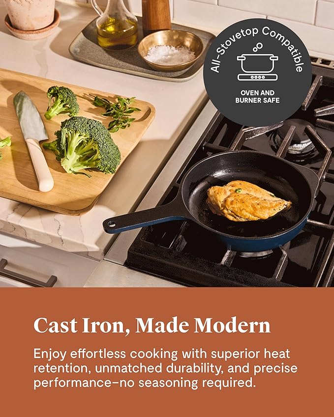 Caraway Cast Iron Skillet - 8” Enameled Cast Iron Pan With 3 Layer Enamel Coating - No Seasoning Required - Compatible With All Stovetops - Free From Forever Chemicals - Cream