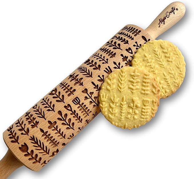 HERBS Embossing rolling pin. Leafy green and flowering plants on embossed dough roller