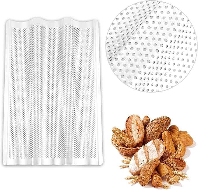 2 Pack Stainless Steel French Baguette Bread Pan, Perforated Loaf Pans for Baking 15"x10", 3 Waves Toaster Oven Baking Tray