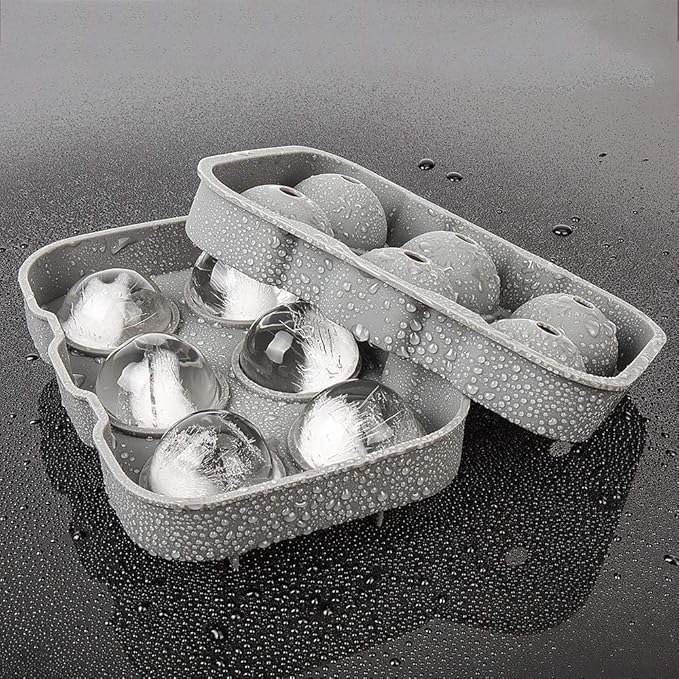 Ticent Ice Cube Trays Set of 2-Silicone Sphere Ice Ball Maker with Lid & Large Square Ice Molds for Whiskey, Cocktail & Brandy (Grey)
