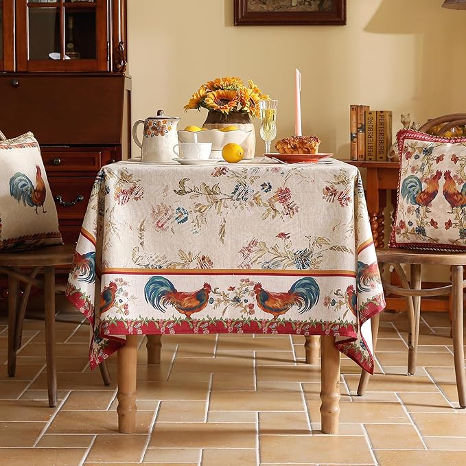 patdrea Designer Vintage Red Rectangle Tablecloth,French Linen Animals Pattern Tablecloths,Decoration Floral Table Cover for Kitchen Dining Christmas,Party,Thanksgiving,55"x87"-Townlife E