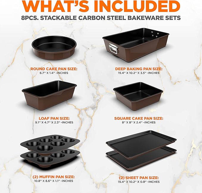 NutriChef 8-Piece Nonstick Stackable Bakeware Set - PFOA, PFOS, PTFE Free Baking Tray Set w/Non-Stick Coating, 450°F Oven Safe, Round Cake, Loaf, Muffin, Wide/Square Pans, Cookie Sheet (Brown)