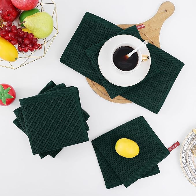 Homaxy 100% Cotton Waffle Weave Kitchen Dish Cloths, Ultra Soft Absorbent Quick Drying Dish Towels, 12 x 12 Inches, 8-Pack, Blackish Green