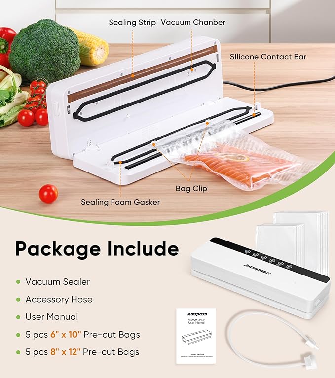Vacuum Sealer for Food, 6-in-1 Food Vacuum Sealer Machine, 80kpa Suction Power Food Sealer Vacuum Sealer, Compact Vacuum Sealers with 10 Vacuum Bags, External VAC for Jars & Containers, White