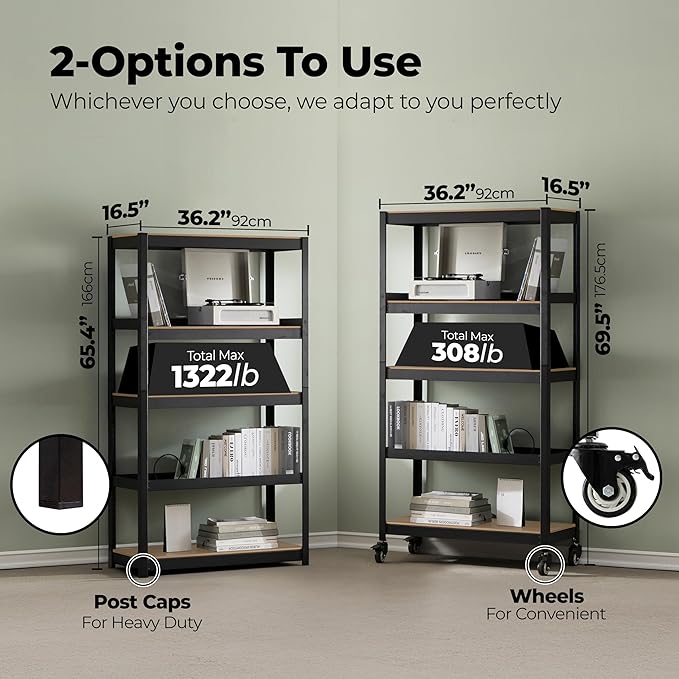 HOMEDANT House 5-Tier Metal Rolling Cart Shelf Rack Casters Heavy Duty Laminated Wheel Shelving Unit Adjustable Utility Storage Shelves Organizer Shelf Kitchen Garage 36.2" W x 16.5" D x 69.5" H 3Pack