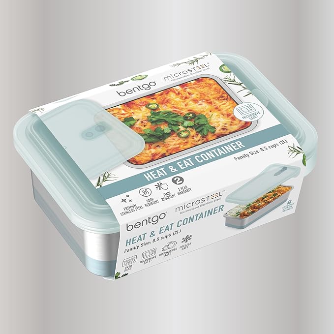 Bentgo® MicroSteel® Heat & Eat Container - Microwave-Safe, Sustainable & Reusable Stainless Steel Food Storage Container with Airtight Lid for Eco-Friendly Meal Prepping (Family Size - 8.5 Cups)