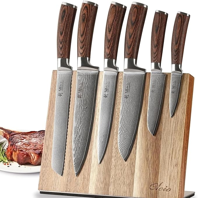 Wakoli EDIB 6-Piece Damascus Knife Block Set – Professional Japanese Style Kitchen Knives with Magnetic Acacia Block | Genuine Damascus Steel Blades with VG10 Core | Ergonomic Pakkawood Handles