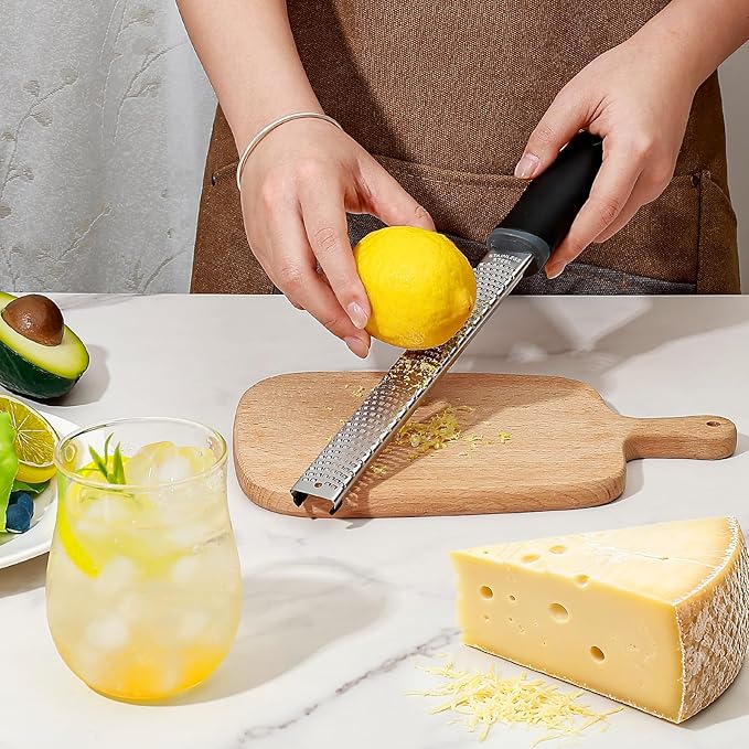Koythin Zester, Lemon Zester & Cheese Grater with Brush, Heavy Duty Kitchen Tool for Zesting Citrus, Parmesan Cheese, Chocolate, Ginger, Fruits, Stainless Steel with Handle and Cover (Black)