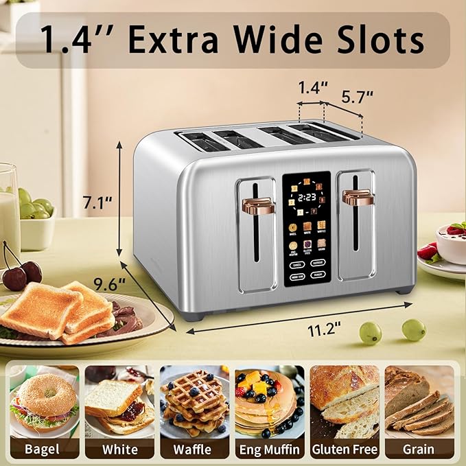 SEEDEEM Toaster 4 Slice, Full Touch control Toaster, LCD Display, 6 Bread Type, 7 Shade Settings, 1.4''Wide Slots，More Time Function, Removable Crumb Tray, 1800W, Silver Metallic