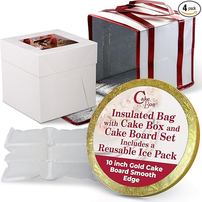 Cakebon Cake Box and Boards, 10-Inch Round Gold Smooth Edges 1/2- Inch Thick Drums with Insulated Bag and Ice Pack – Cake Transport Set, Cooler for Cake Delivery and Transport (1pc Each, 4pcs Total)